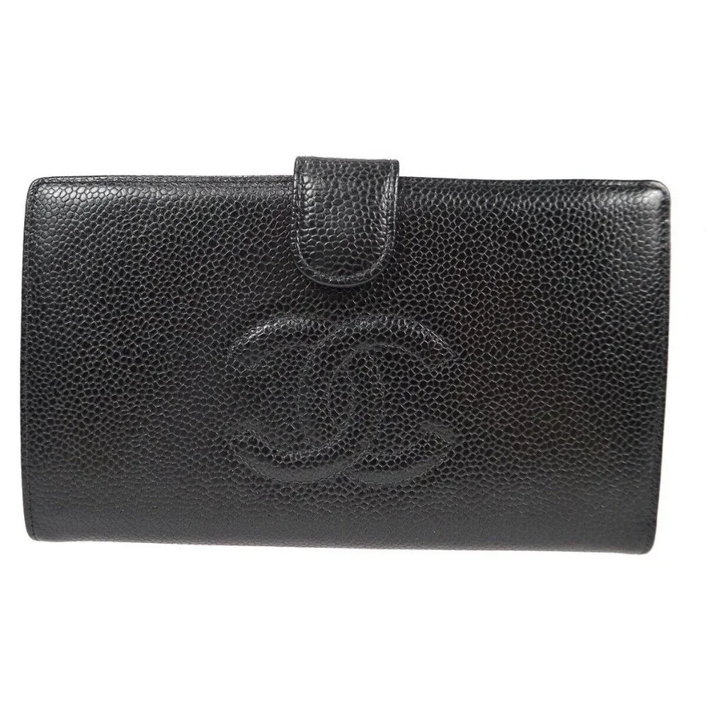 Chanel Long Bifold Wallet Purse Caviar Skin Leather